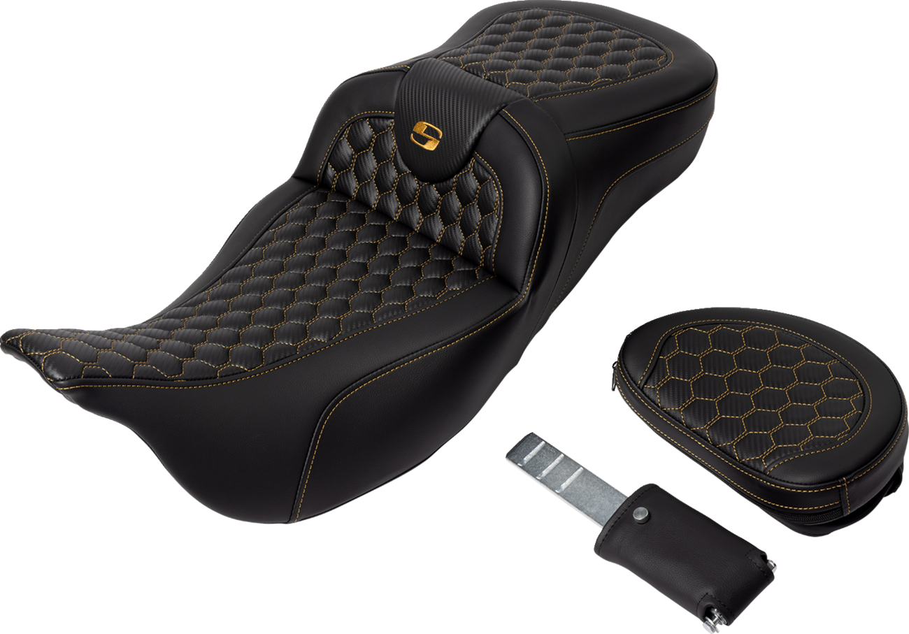 Saddlemen Roadsofa Gold Honeycomb Extended Seat w/ Backrest 08-24 Harley Touring