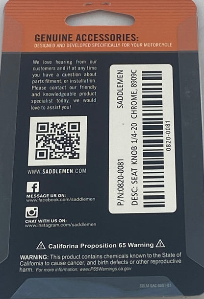 Saddlemen Single Silver 1/4"-20 Rear Motorcycle Seat Mounting Knob Bolt Screw