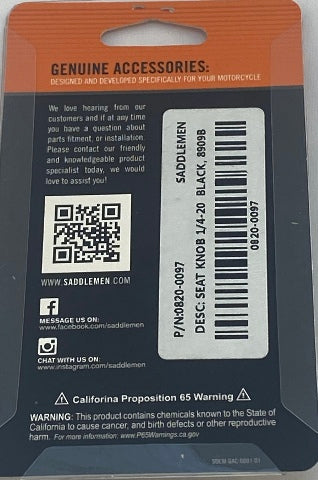 Saddlemen Single Black 1/4"-20 Rear Motorcycle Seat Mounting Knob Bolt