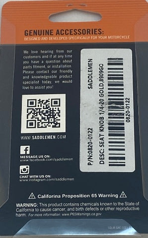 Saddlemen Gold 1/4"-20 Rear Motorcycle Seat to Fender Mounting Knob for Harley