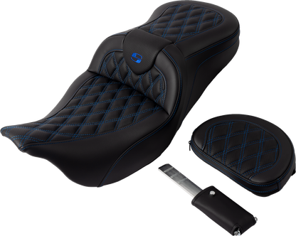 Saddlemen Roadsofa Blue Lattice Gel Seat w/ Backrest for 2008-24 Harley Touring