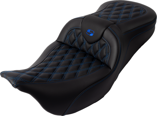 Saddlemen Roadsofa Blue Lattice Gel Seat w/ Backrest for 2008-24 Harley Touring