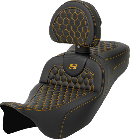 Saddlemen Roadsofa Gold Honeycomb Extended Seat w/ Backrest 08-24 Harley Touring