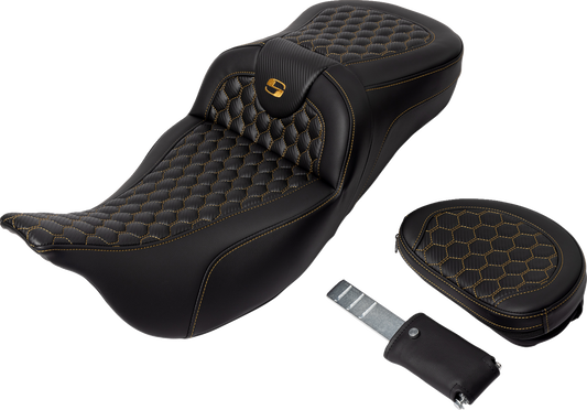 Saddlemen Roadsofa Gold Honeycomb Extended Seat w/ Backrest 08-24 Harley Touring